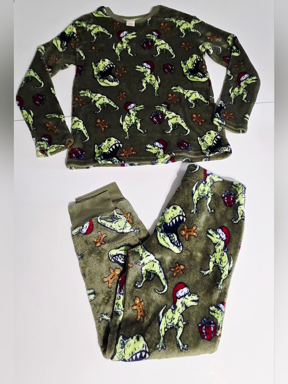 Cat & Jack Boys XL 14 Christmas Dinosaur Fleece Pajama Set T-Rex Holiday PJs
